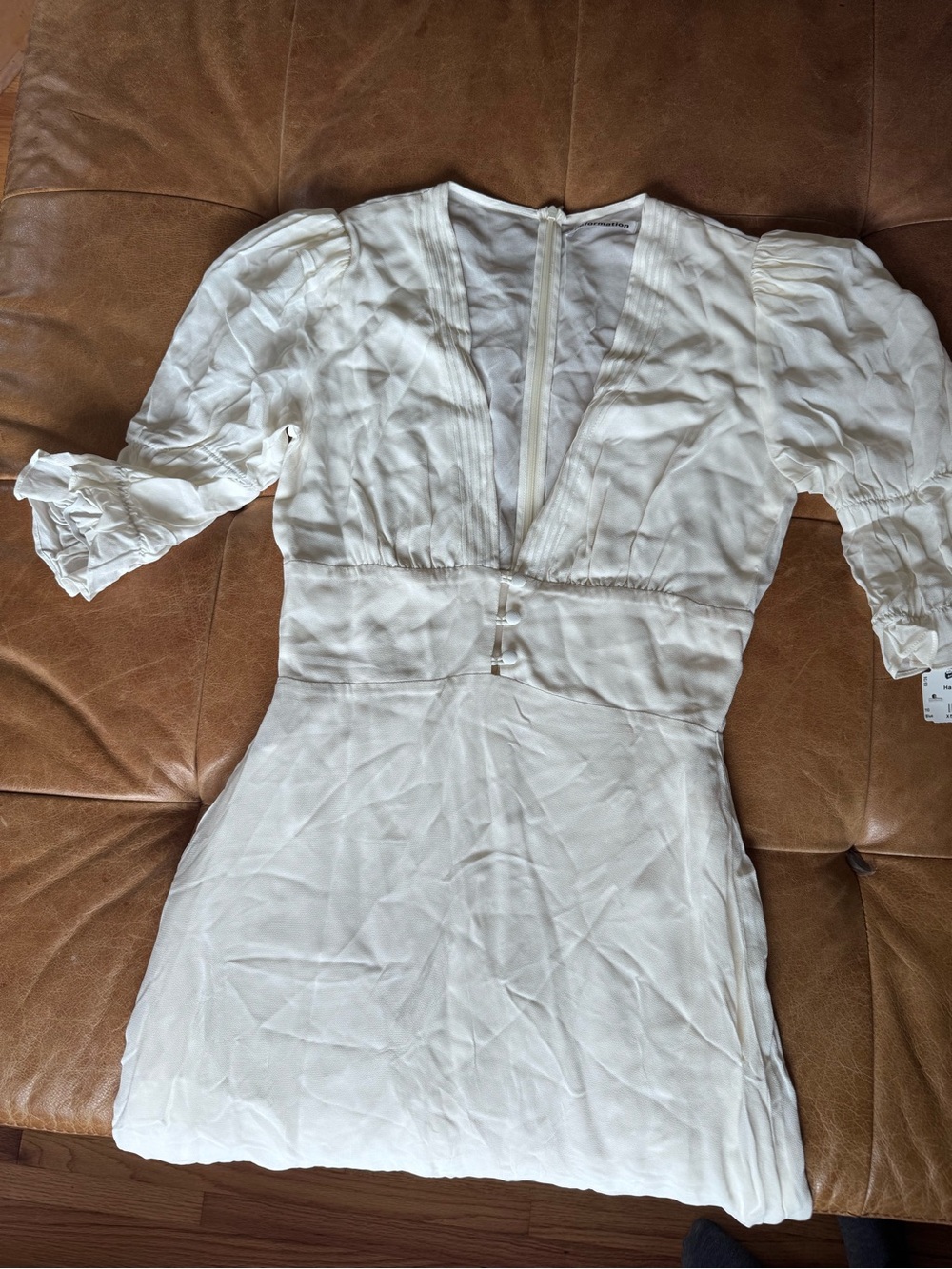 Reformation Ivory V-Neck Puff Sleeve Slip Dress